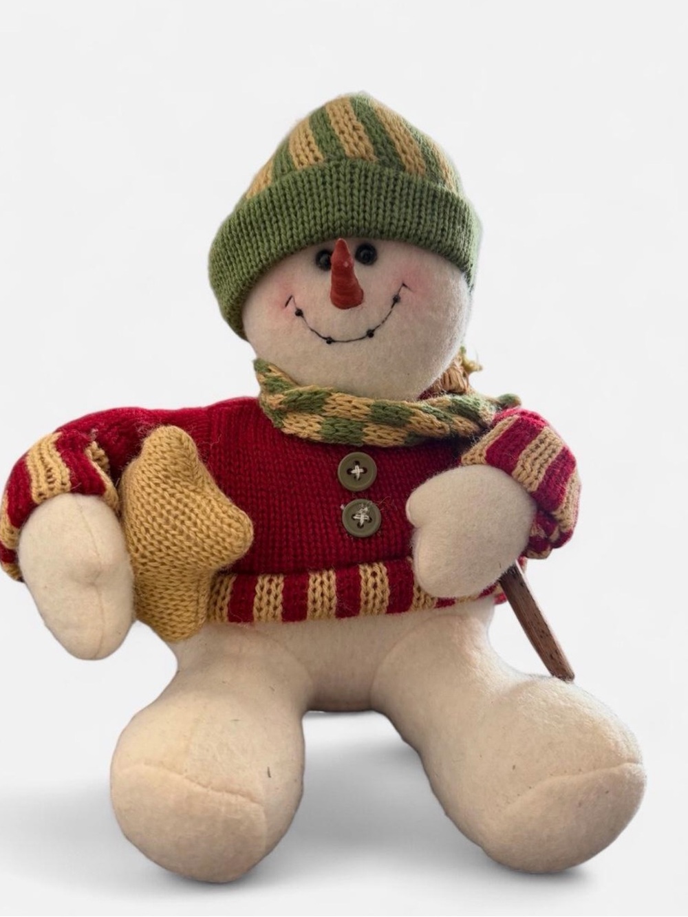 Festive Plush Snowman Decor in Red & Green Knit Outfit